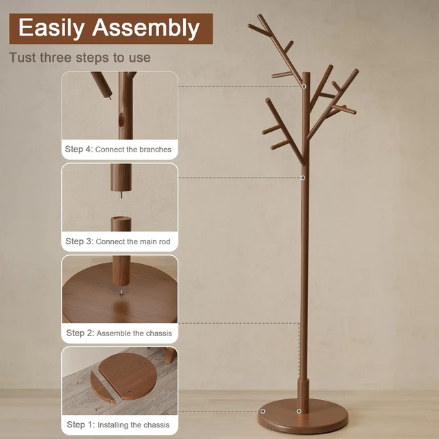 Alt view image 7 of 7 - Coat Rack, Solid Wood Coat Rack Freestanding With 12 Hooks, Coat Tree Freestanding Heavy Duty 3 Adjustable Heights For Coat, Hats, Handbags, Coat Hanger Stand For Entryway, Bedroom, Walnut