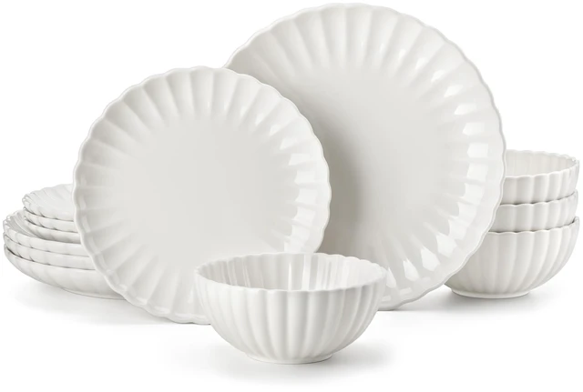 Main image of Porcelain Dinnerware Sets for 4, 12 Pieces Plates and Bowls Sets
Scratch Resistant Dishes Set, Kitchen Dishware Plates Set for 4, Microwave and Dishwasher Safe, White, Series ADONIS