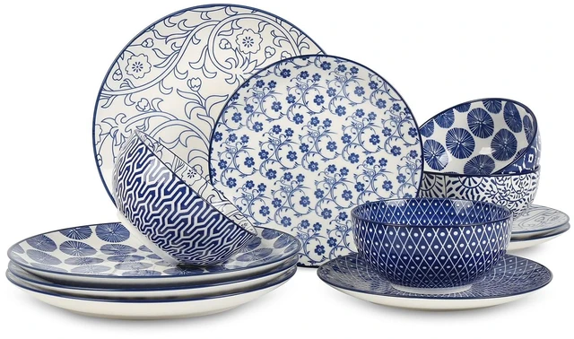 Main image of Ceramic Dinnerware Sets, 12 pcs Plates and Bowls Sets,Vintage Blue
Scratch Resistant Dishes set for 4, Dishwasher & Microwave Safe