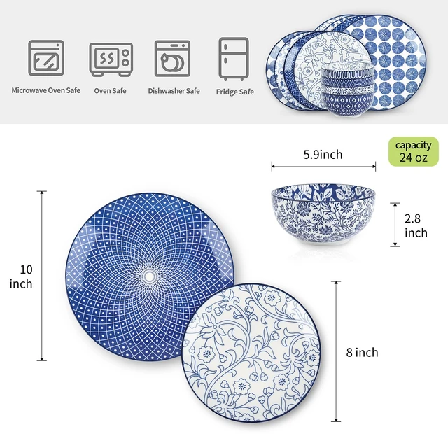 Alt view image 2 of 5 - Ceramic Dinnerware Sets, 12 pcs Plates and Bowls Sets,Vintage Blue
Scratch Resistant Dishes set for 4, Dishwasher & Microwave Safe