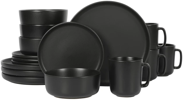 Main image of Zuma Stoneware Plates, Bowls, & Mugs Dinnerware Set - Matte Black, Service for Four (16pcs)