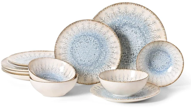 Main image of Ceramic Dinnerware Sets for 4, 12 pcs Plates and Bowls Sets
Scratch Resistant Dish sets, Microwave & Dishwasher Safe, Blue Branch
