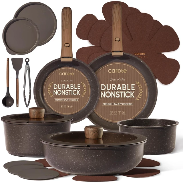 Main image of 21pcs Pots and Pans Set Non Stick, Detachable Handle Cookware
Stackable Cooking Set, Dishwasher & Oven Safe, Induction Ready, for Kitchen/Apartment/Camping/RV, House Warming Gift, Brown