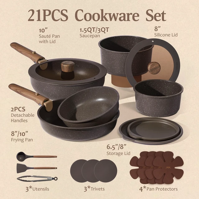 Alt view image 2 of 7 - 21pcs Pots and Pans Set Non Stick, Detachable Handle Cookware
Stackable Cooking Set, Dishwasher & Oven Safe, Induction Ready, for Kitchen/Apartment/Camping/RV, House Warming Gift, Brown