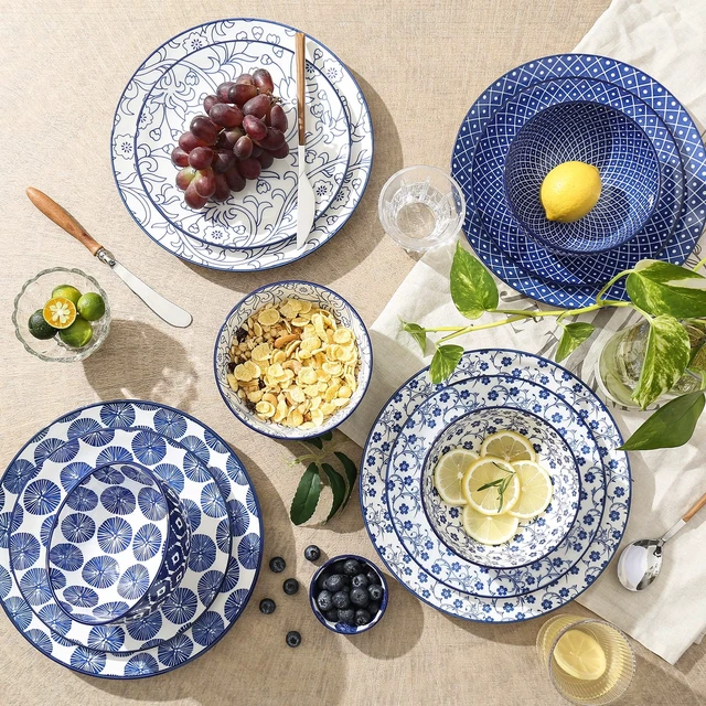Alt view image 3 of 5 - Ceramic Dinnerware Sets, 12 pcs Plates and Bowls Sets,Vintage Blue
Scratch Resistant Dishes set for 4, Dishwasher & Microwave Safe