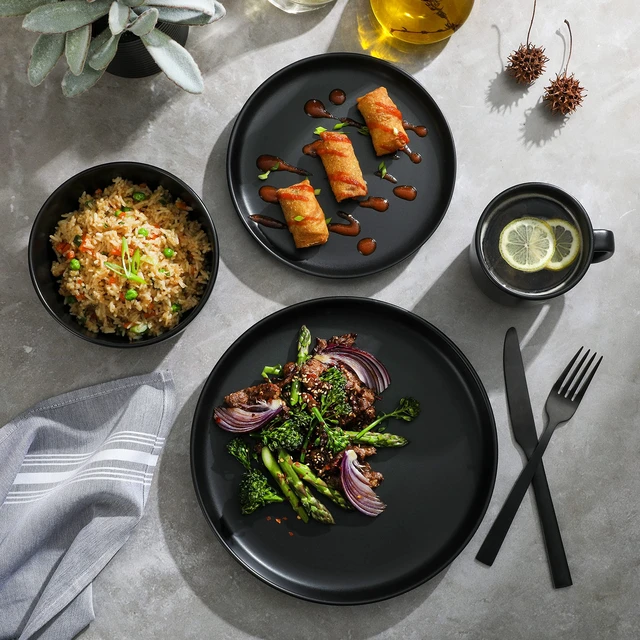 Alt view image 2 of 7 - Zuma Stoneware Plates, Bowls, & Mugs Dinnerware Set - Matte Black, Service for Four (16pcs)
