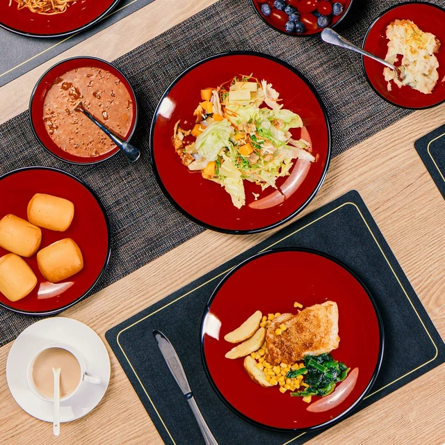 Alt view image 3 of 7 - 18-Piece Melamine Dinnerware Sets, Service for 6, Black&Red
Plates and Bowls Dishes Set, Break-Resistant & Non-Microwavable, Lightweight, Break-Resistant, Indoor and Outdoor Dining