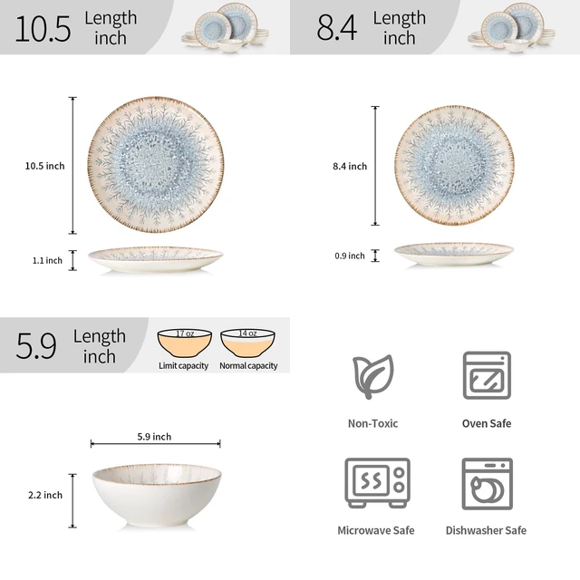 Alt view image 3 of 7 - Ceramic Dinnerware Sets for 4, 12 pcs Plates and Bowls Sets
Scratch Resistant Dish sets, Microwave & Dishwasher Safe, Blue Branch