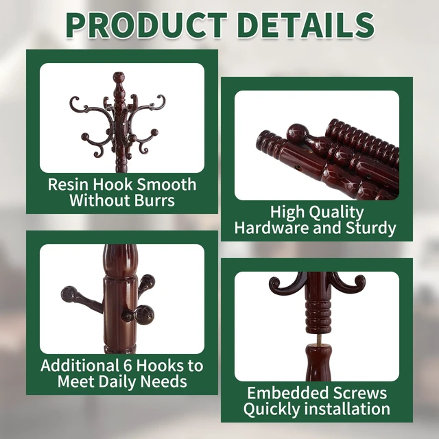 Alt view image 3 of 7 - Wooden Coat Rack Freestanding, Vintage Coat Rack with 14 Hooks
Solid Wood Coat Rack Stand,Classic Coat Hanger Stand with Round Base,Coat Clothes Hall Tree Stand for Hallway,Office