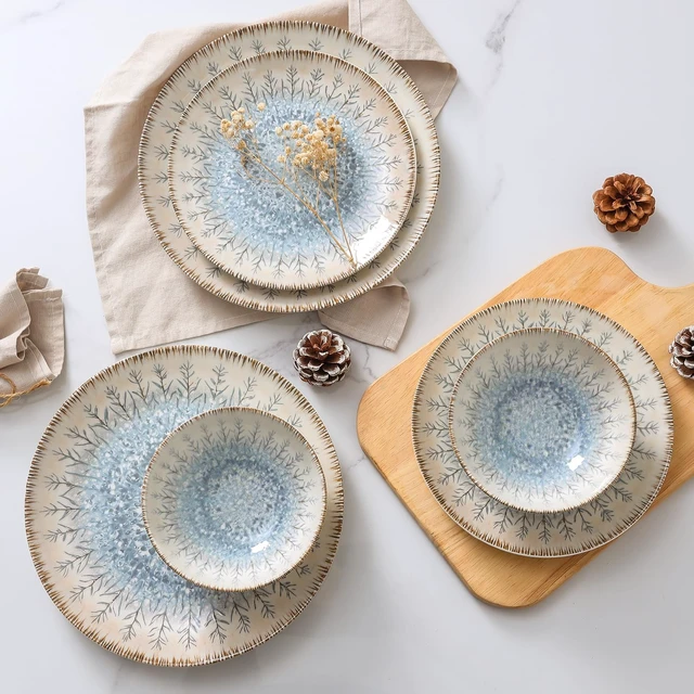 Alt view image 4 of 7 - Ceramic Dinnerware Sets for 4, 12 pcs Plates and Bowls Sets
Scratch Resistant Dish sets, Microwave & Dishwasher Safe, Blue Branch
