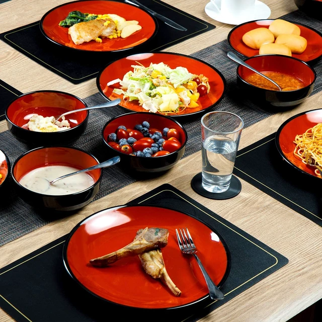 Alt view image 4 of 7 - 18-Piece Melamine Dinnerware Sets, Service for 6, Black&Red
Plates and Bowls Dishes Set, Break-Resistant & Non-Microwavable, Lightweight, Break-Resistant, Indoor and Outdoor Dining