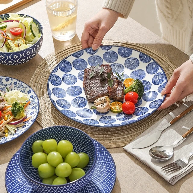 Alt view image 4 of 5 - Ceramic Dinnerware Sets, 12 pcs Plates and Bowls Sets,Vintage Blue
Scratch Resistant Dishes set for 4, Dishwasher & Microwave Safe