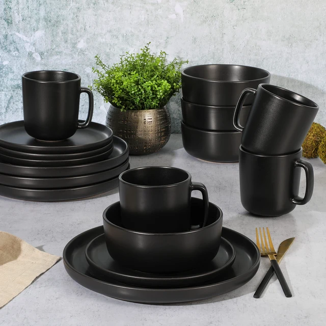 Alt view image 3 of 7 - Zuma Stoneware Plates, Bowls, & Mugs Dinnerware Set - Matte Black, Service for Four (16pcs)