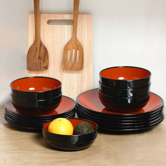Alt view image 5 of 7 - 18-Piece Melamine Dinnerware Sets, Service for 6, Black&Red
Plates and Bowls Dishes Set, Break-Resistant & Non-Microwavable, Lightweight, Break-Resistant, Indoor and Outdoor Dining