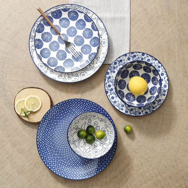Alt view image 5 of 5 - Ceramic Dinnerware Sets, 12 pcs Plates and Bowls Sets,Vintage Blue
Scratch Resistant Dishes set for 4, Dishwasher & Microwave Safe