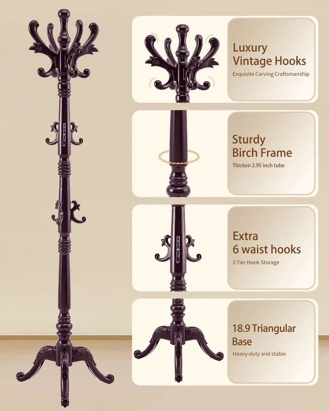 Alt view image 2 of 7 - Coat Rack Vintage Solid Wood Coat Rack Freestanding with 14 Hooks
Classic Wooden Coat Rack Stand,Heavy Duty Coat Hanger Stand with Triangle Base,Clothes Hall Tree for Office,Entryway,Corner