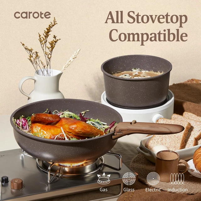 Alt view image 4 of 7 - 21pcs Pots and Pans Set Non Stick, Detachable Handle Cookware
Stackable Cooking Set, Dishwasher & Oven Safe, Induction Ready, for Kitchen/Apartment/Camping/RV, House Warming Gift, Brown