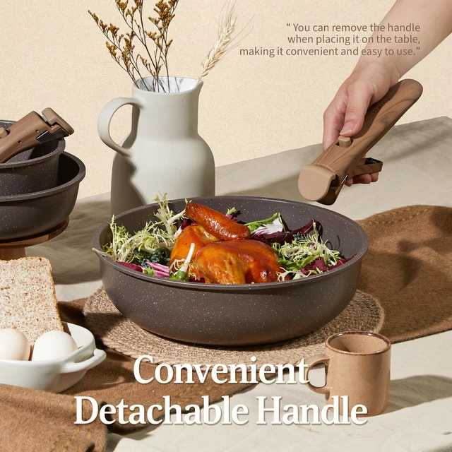 Alt view image 5 of 7 - 21pcs Pots and Pans Set Non Stick, Detachable Handle Cookware
Stackable Cooking Set, Dishwasher & Oven Safe, Induction Ready, for Kitchen/Apartment/Camping/RV, House Warming Gift, Brown
