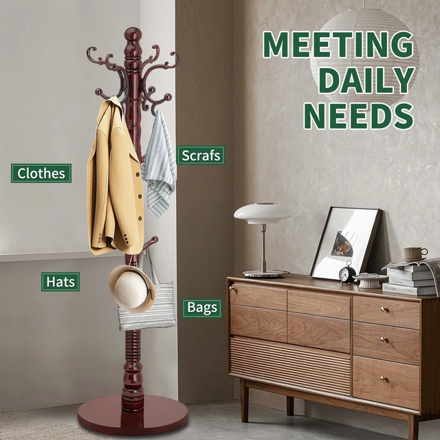 Alt view image 6 of 7 - Wooden Coat Rack Freestanding, Vintage Coat Rack with 14 Hooks
Solid Wood Coat Rack Stand,Classic Coat Hanger Stand with Round Base,Coat Clothes Hall Tree Stand for Hallway,Office