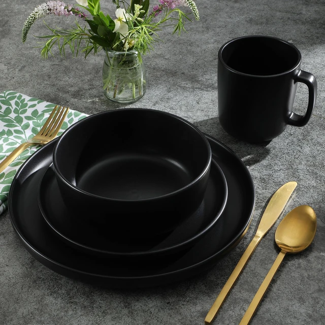 Alt view image 5 of 7 - Zuma Stoneware Plates, Bowls, & Mugs Dinnerware Set - Matte Black, Service for Four (16pcs)