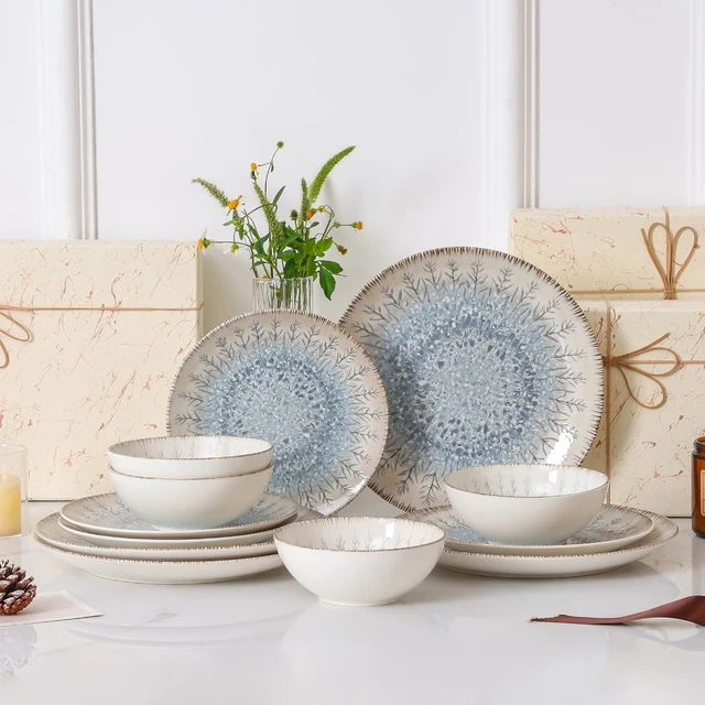 Alt view image 7 of 7 - Ceramic Dinnerware Sets for 4, 12 pcs Plates and Bowls Sets
Scratch Resistant Dish sets, Microwave & Dishwasher Safe, Blue Branch