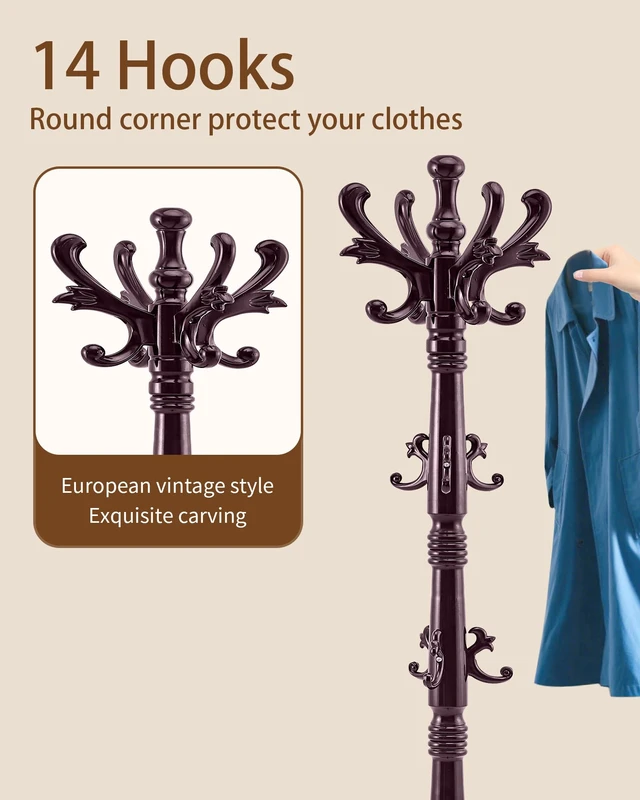 Alt view image 5 of 7 - Coat Rack Vintage Solid Wood Coat Rack Freestanding with 14 Hooks
Classic Wooden Coat Rack Stand,Heavy Duty Coat Hanger Stand with Triangle Base,Clothes Hall Tree for Office,Entryway,Corner