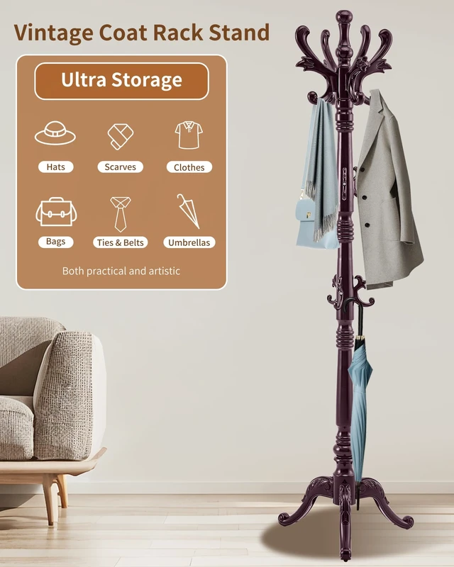 Alt view image 6 of 7 - Coat Rack Vintage Solid Wood Coat Rack Freestanding with 14 Hooks
Classic Wooden Coat Rack Stand,Heavy Duty Coat Hanger Stand with Triangle Base,Clothes Hall Tree for Office,Entryway,Corner