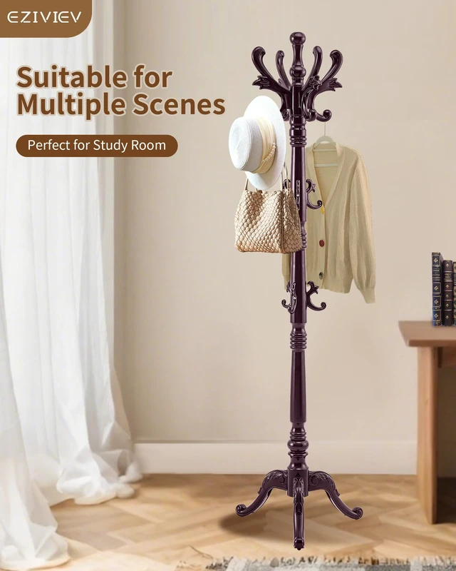 Alt view image 7 of 7 - Coat Rack Vintage Solid Wood Coat Rack Freestanding with 14 Hooks
Classic Wooden Coat Rack Stand,Heavy Duty Coat Hanger Stand with Triangle Base,Clothes Hall Tree for Office,Entryway,Corner