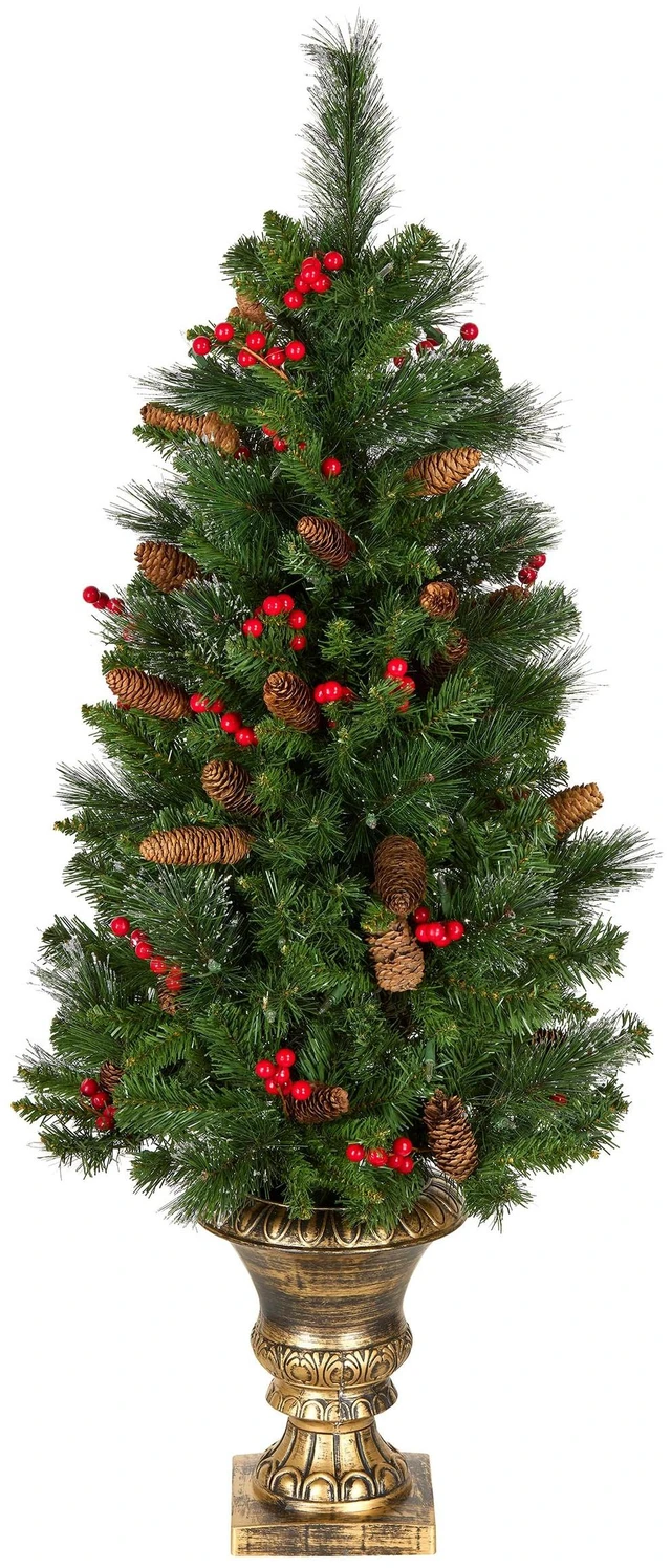 Main image of 4ft Pre-Lit Crestwood Spruce Christmas Entrance Tree
100 Clear Lights, 230 Tips, Artificial Christmas Decoration with Glitter, Pinecones, Red Berries, Gold Pedestal Base, Green