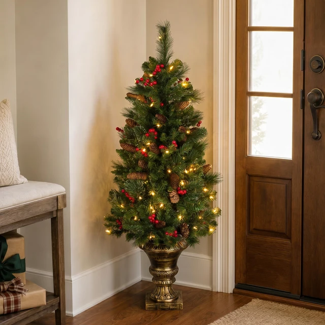 Alt view image 2 of 5 - 4ft Pre-Lit Crestwood Spruce Christmas Entrance Tree
100 Clear Lights, 230 Tips, Artificial Christmas Decoration with Glitter, Pinecones, Red Berries, Gold Pedestal Base, Green