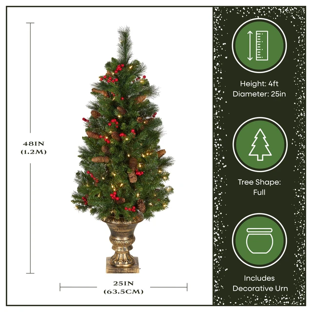 Alt view image 3 of 5 - 4ft Pre-Lit Crestwood Spruce Christmas Entrance Tree
100 Clear Lights, 230 Tips, Artificial Christmas Decoration with Glitter, Pinecones, Red Berries, Gold Pedestal Base, Green