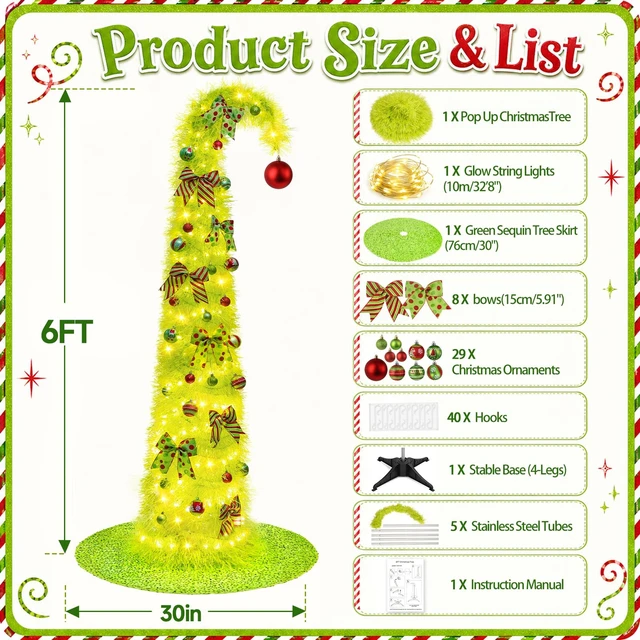 Alt view image 2 of 7 - 6FT Whimsical Pop-Up Christmas Tree with Lights Tree Skirt for Decorations
Collapsible Curved Tinsel Pencil Tree with 200 LED Lights Ball Ornaments Bows for Apartments Porch Party Home XMAS Decor