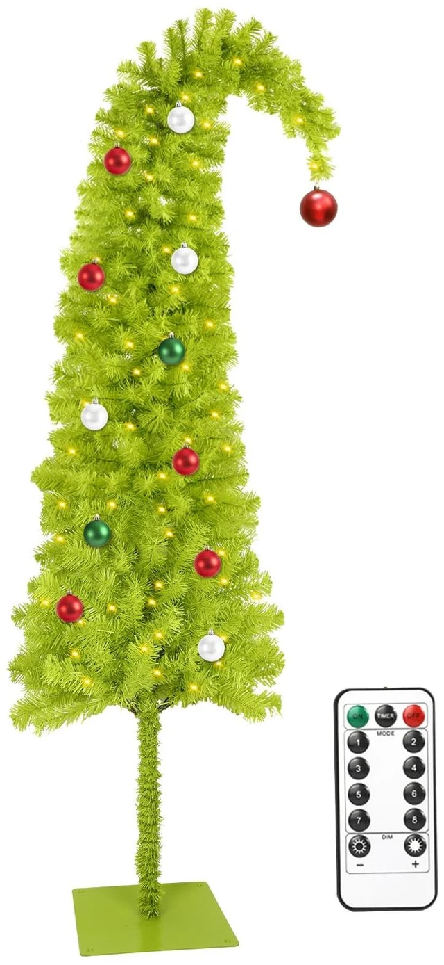 Main image of 6ft Whimsical Artificial Christmas Tree with 150 LED Timer Lights, Lime Green Bendable Christmas Tree with Ball Ornaments & Metal Base Holiday Decor for Home, Office, Party, Easy Assembly