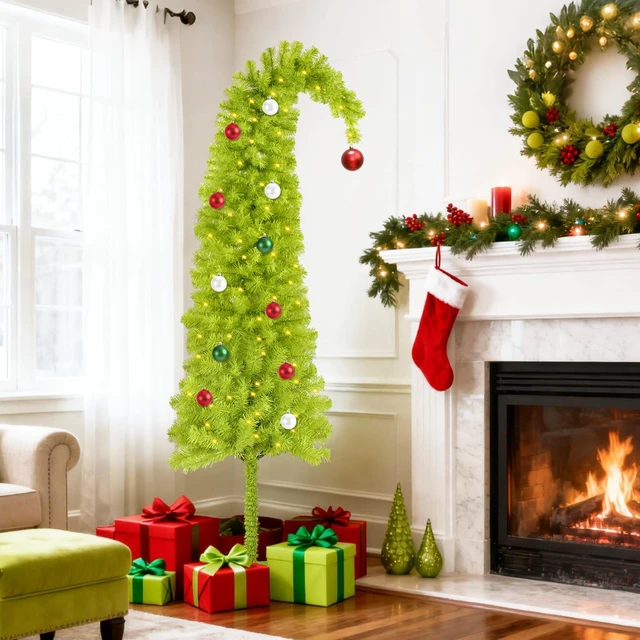 Alt view image 2 of 7 - 6ft Whimsical Artificial Christmas Tree with 150 LED Timer Lights, Lime Green Bendable Christmas Tree with Ball Ornaments & Metal Base Holiday Decor for Home, Office, Party, Easy Assembly