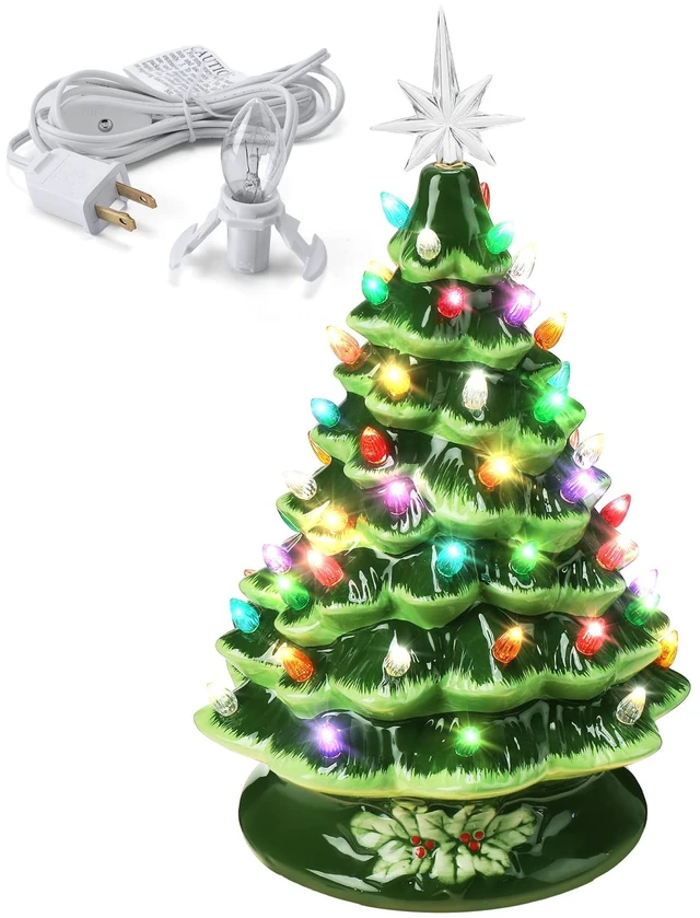 Main image of 15 Inch Ceramic Christmas Tree with 66 Multicolored Lights Hand Painted Tabletop Christmas Tree Vintage Xmas Decorations for Table Desk Countertop Mantel Home Office(Green)