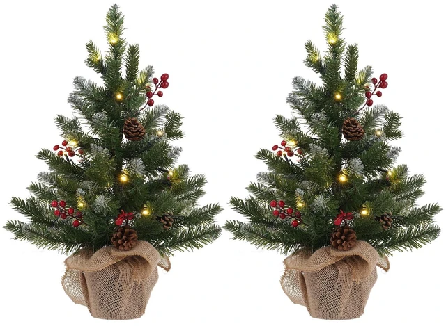 Main image of 2 FT Mini Christmas Tree, Set of 2 24" PE Prelit Small Artificial Tabletop Snow Flocked Christmas Trees Decor with 20 Lights Timer, Outdoor Indoor Porch Table Xmas Christmas Decorations
