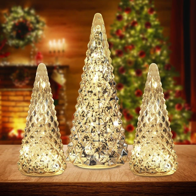 Main image of Christmas Decorations Indoor, YEAHOME Set of 3 Pre-lit Gold Glass Christmas Tree for Home Decor, Christmas Table Decorations Lighted Xmas Tree with Timer for Living Room Mantel Tabletop Party