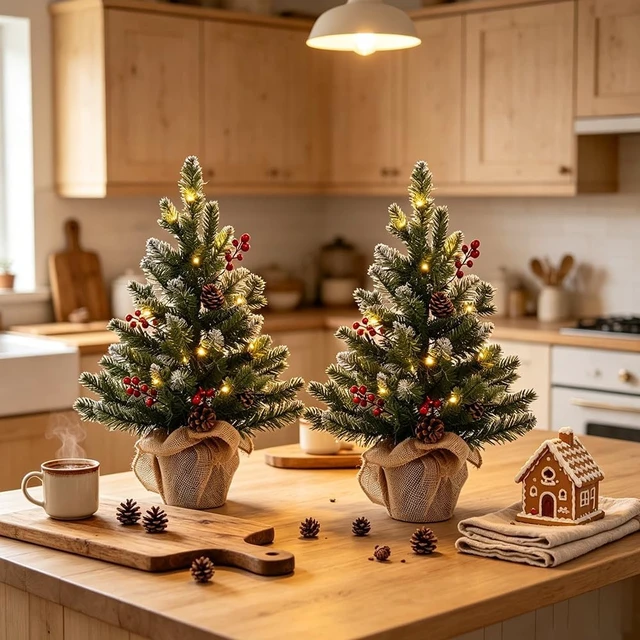 Alt view image 2 of 7 - 2 FT Mini Christmas Tree, Set of 2 24" PE Prelit Small Artificial Tabletop Snow Flocked Christmas Trees Decor with 20 Lights Timer, Outdoor Indoor Porch Table Xmas Christmas Decorations
