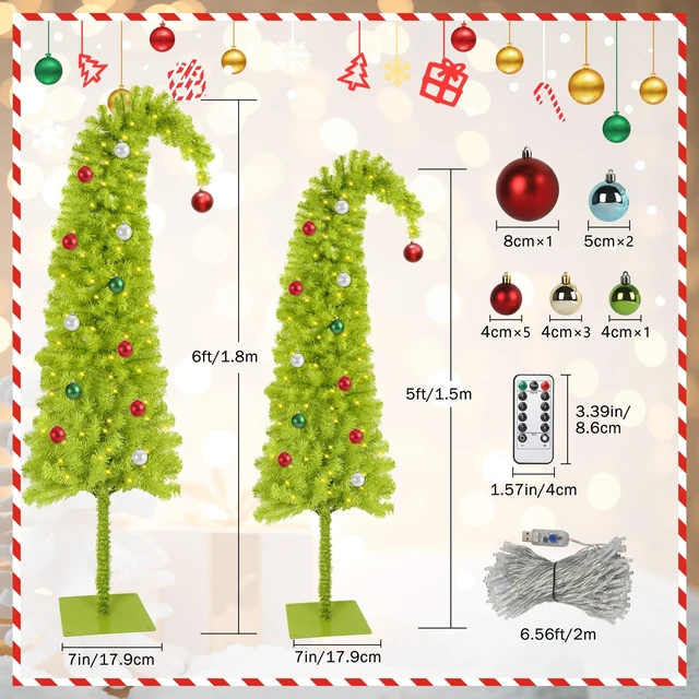 Alt view image 3 of 7 - 6ft Whimsical Artificial Christmas Tree with 150 LED Timer Lights, Lime Green Bendable Christmas Tree with Ball Ornaments & Metal Base Holiday Decor for Home, Office, Party, Easy Assembly