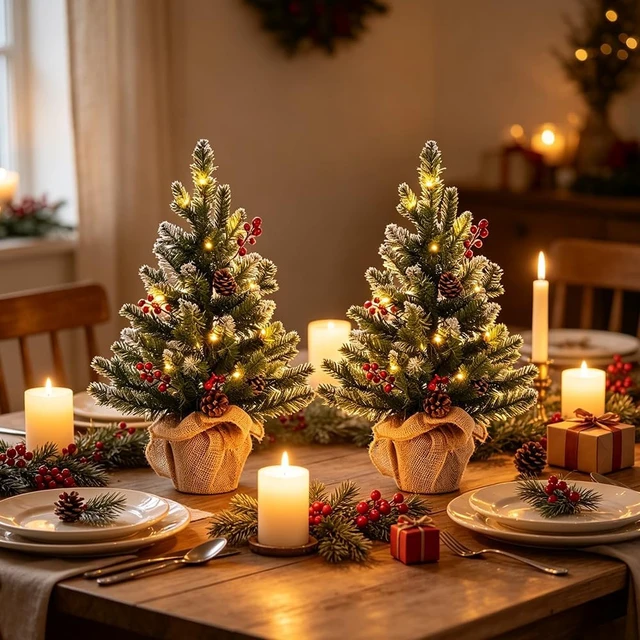 Alt view image 3 of 7 - 2 FT Mini Christmas Tree, Set of 2 24" PE Prelit Small Artificial Tabletop Snow Flocked Christmas Trees Decor with 20 Lights Timer, Outdoor Indoor Porch Table Xmas Christmas Decorations