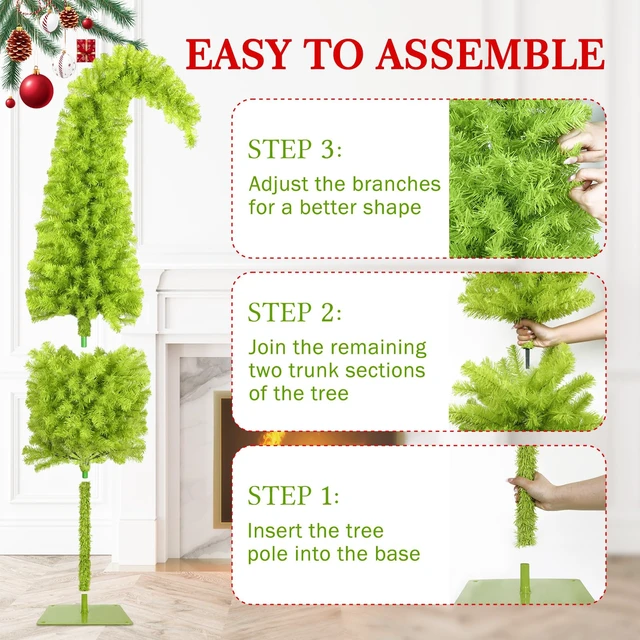 Alt view image 4 of 7 - 6ft Whimsical Artificial Christmas Tree with 150 LED Timer Lights, Lime Green Bendable Christmas Tree with Ball Ornaments & Metal Base Holiday Decor for Home, Office, Party, Easy Assembly
