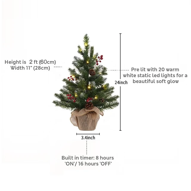 Alt view image 4 of 7 - 2 FT Mini Christmas Tree, Set of 2 24" PE Prelit Small Artificial Tabletop Snow Flocked Christmas Trees Decor with 20 Lights Timer, Outdoor Indoor Porch Table Xmas Christmas Decorations