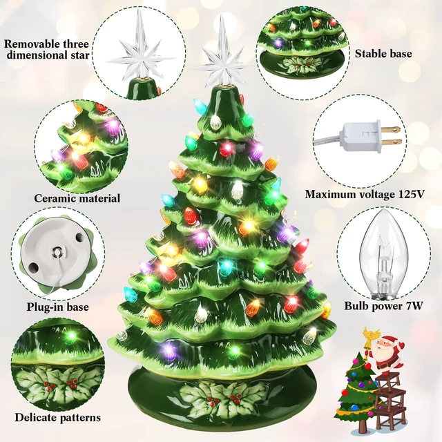 Alt view image 3 of 5 - 15 Inch Ceramic Christmas Tree with 66 Multicolored Lights Hand Painted Tabletop Christmas Tree Vintage Xmas Decorations for Table Desk Countertop Mantel Home Office(Green)