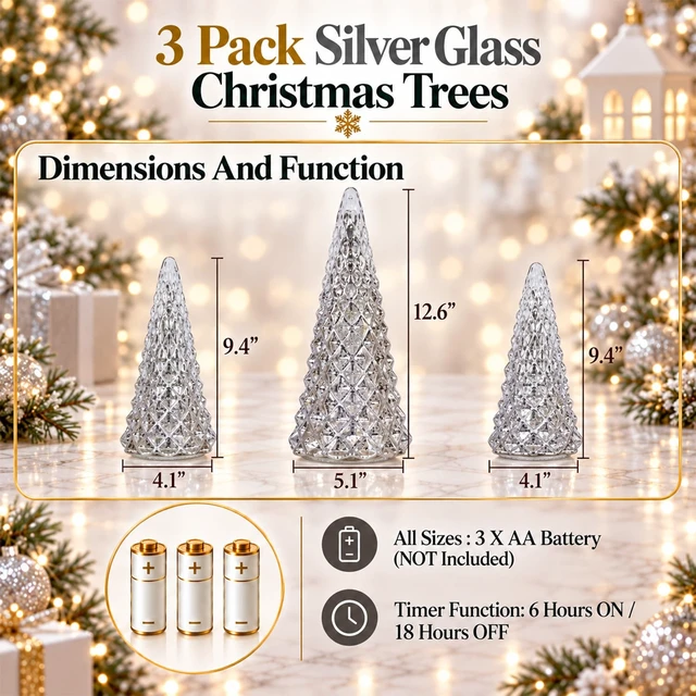 Alt view image 3 of 7 - Christmas Decorations Indoor, YEAHOME Set of 3 Pre-lit Gold Glass Christmas Tree for Home Decor, Christmas Table Decorations Lighted Xmas Tree with Timer for Living Room Mantel Tabletop Party
