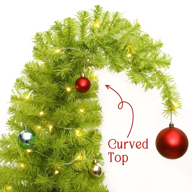 Alt view image 5 of 7 - 6ft Whimsical Artificial Christmas Tree with 150 LED Timer Lights, Lime Green Bendable Christmas Tree with Ball Ornaments & Metal Base Holiday Decor for Home, Office, Party, Easy Assembly