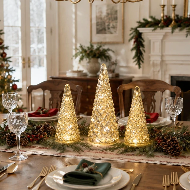 Alt view image 4 of 7 - Christmas Decorations Indoor, YEAHOME Set of 3 Pre-lit Gold Glass Christmas Tree for Home Decor, Christmas Table Decorations Lighted Xmas Tree with Timer for Living Room Mantel Tabletop Party