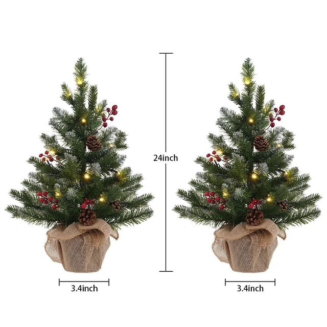 Alt view image 5 of 7 - 2 FT Mini Christmas Tree, Set of 2 24" PE Prelit Small Artificial Tabletop Snow Flocked Christmas Trees Decor with 20 Lights Timer, Outdoor Indoor Porch Table Xmas Christmas Decorations