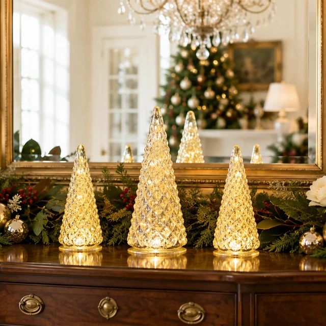 Alt view image 5 of 7 - Christmas Decorations Indoor, YEAHOME Set of 3 Pre-lit Gold Glass Christmas Tree for Home Decor, Christmas Table Decorations Lighted Xmas Tree with Timer for Living Room Mantel Tabletop Party