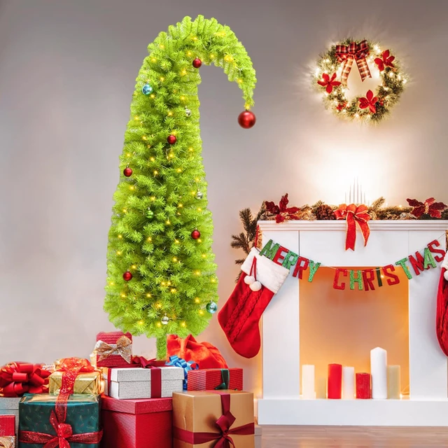 Alt view image 7 of 7 - 6ft Whimsical Artificial Christmas Tree with 150 LED Timer Lights, Lime Green Bendable Christmas Tree with Ball Ornaments & Metal Base Holiday Decor for Home, Office, Party, Easy Assembly