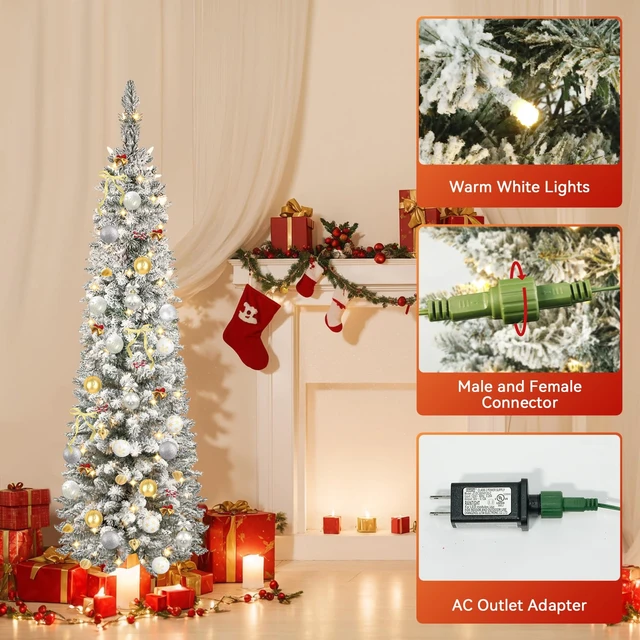 Alt view image 2 of 6 - 5ft Snow Flocked Christmas Tree Pre-Lit with Warm Lights, White Frosted Pencil Noble Fir, Lighted Slim Artificial Xmas Tree Metal Stand, Premium Holiday Decoration UL Listed